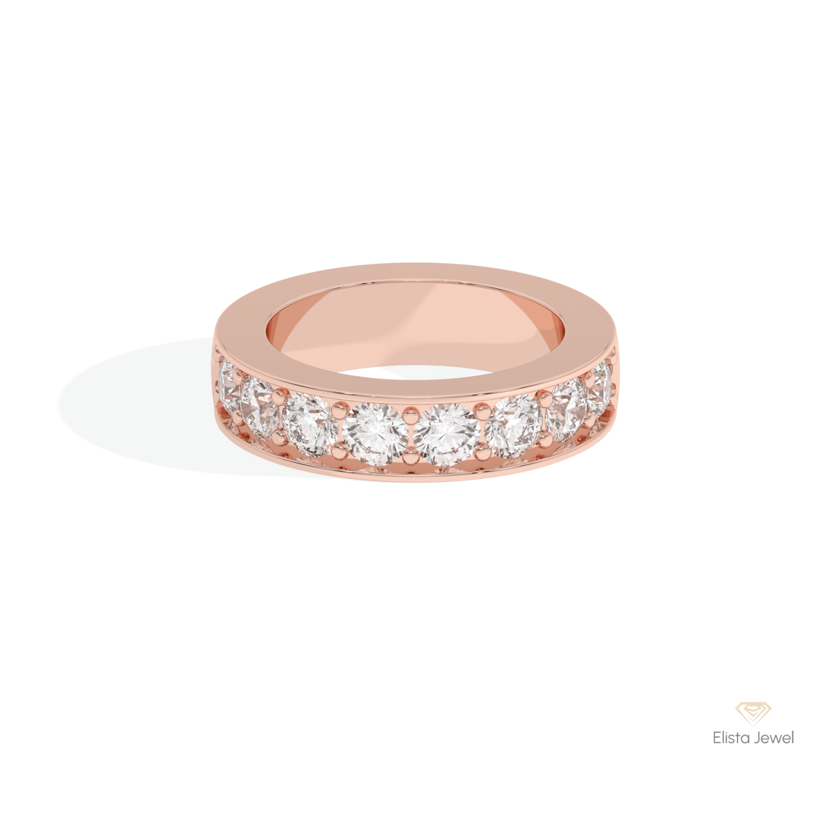 Round Cut Half Eternity Lab Grown Diamond Band in 18K Rose Gold - Ring on Hand View