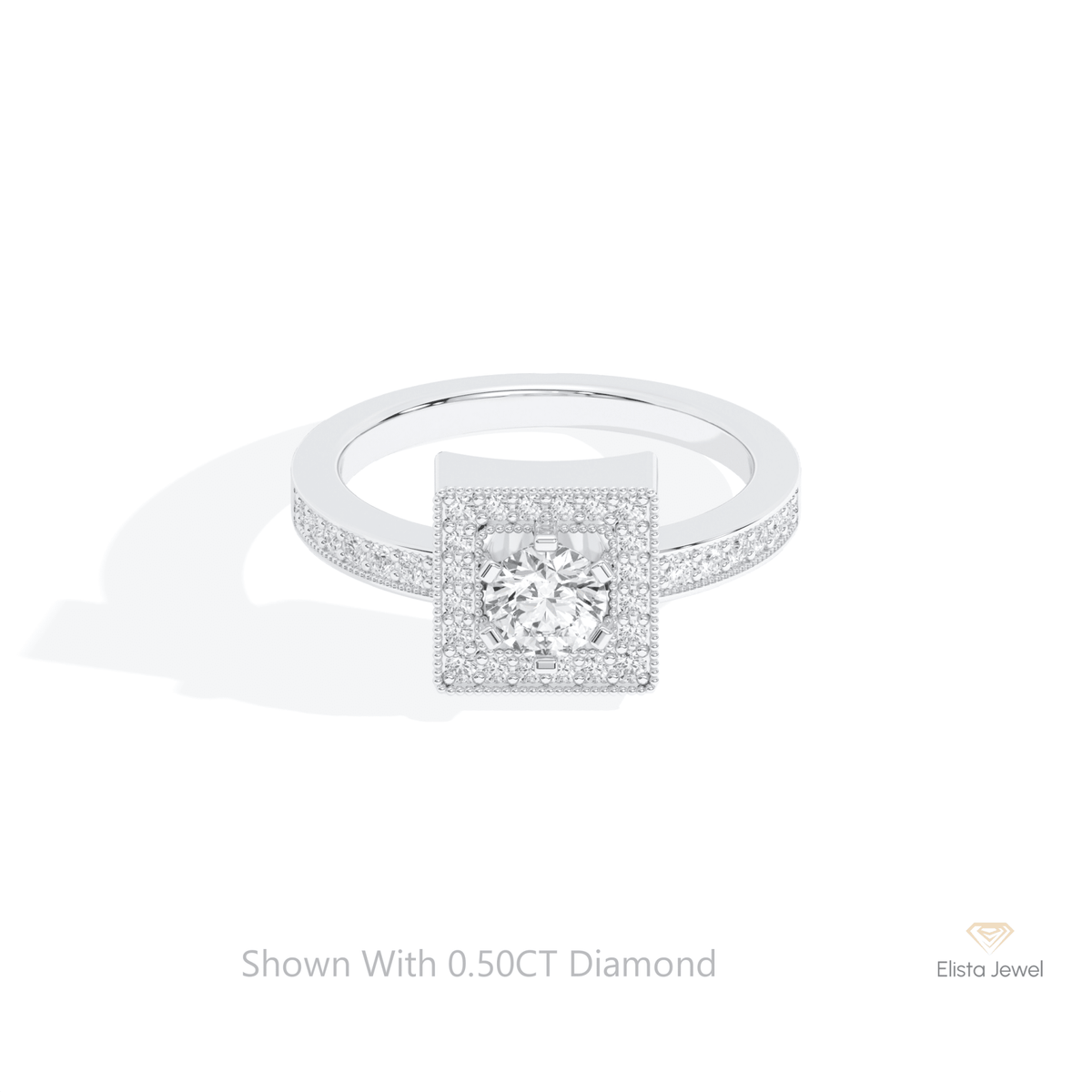 Round Cut Halo Engagement Lab Grown Diamond Ring in 14K Yellow Gold - Detail View