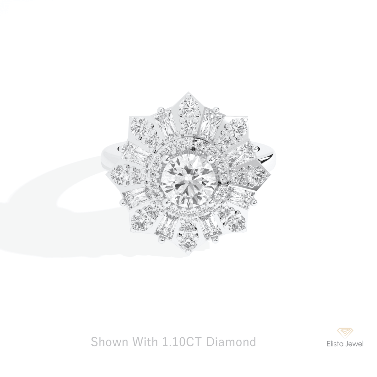 Round Cut Halo Starburst Lab Grown Diamond Ring in 10K White Gold - Front View