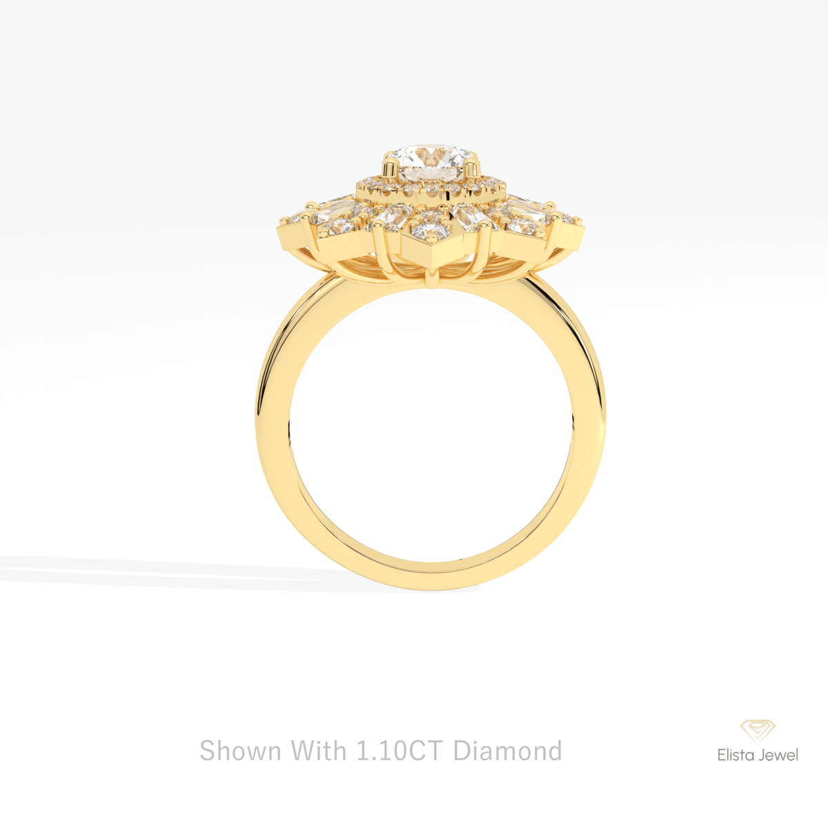 Round Cut Halo Starburst Lab Grown Diamond Ring in 18K White Gold - Close-up View