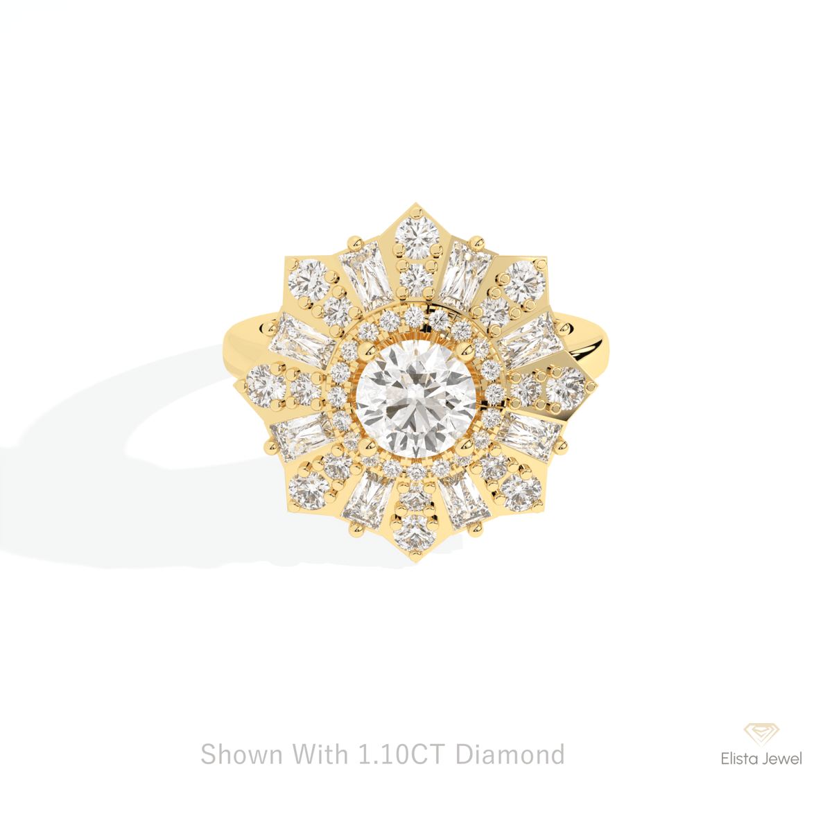 Round Cut Halo Starburst Lab Grown Diamond Ring in 14K Yellow Gold - Detail View