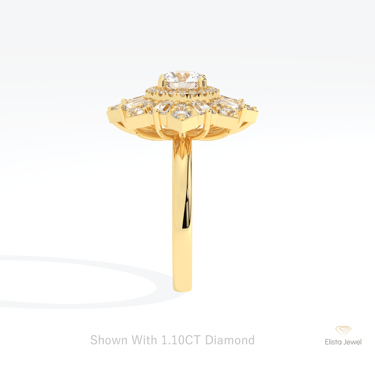 Round Cut Halo Starburst Lab Grown Diamond Ring in 18K Yellow Gold - Perspective View