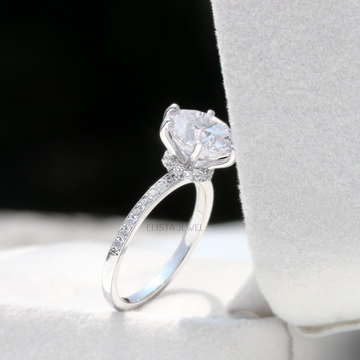 Round Cut Hidden Halo Engagement Lab Grown Diamond Ring - Perspective View