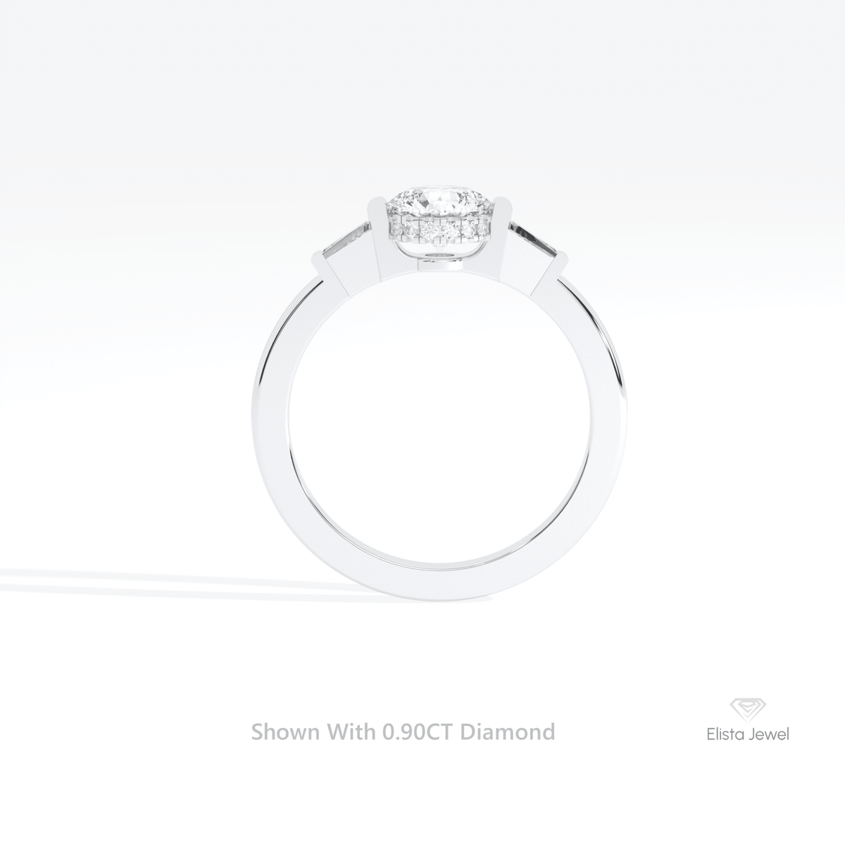 Round Cut Hidden Halo Three Stone Lab Grown Diamond Ring in 18K White Gold - Close-up View