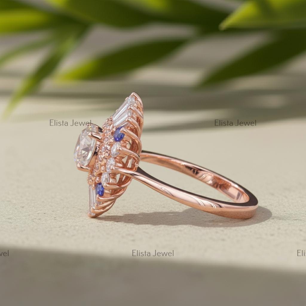 Round Cut Lab-Grown Diamond Sunburst Cocktail Ring in 14K Solid Rose Gold with Sapphires