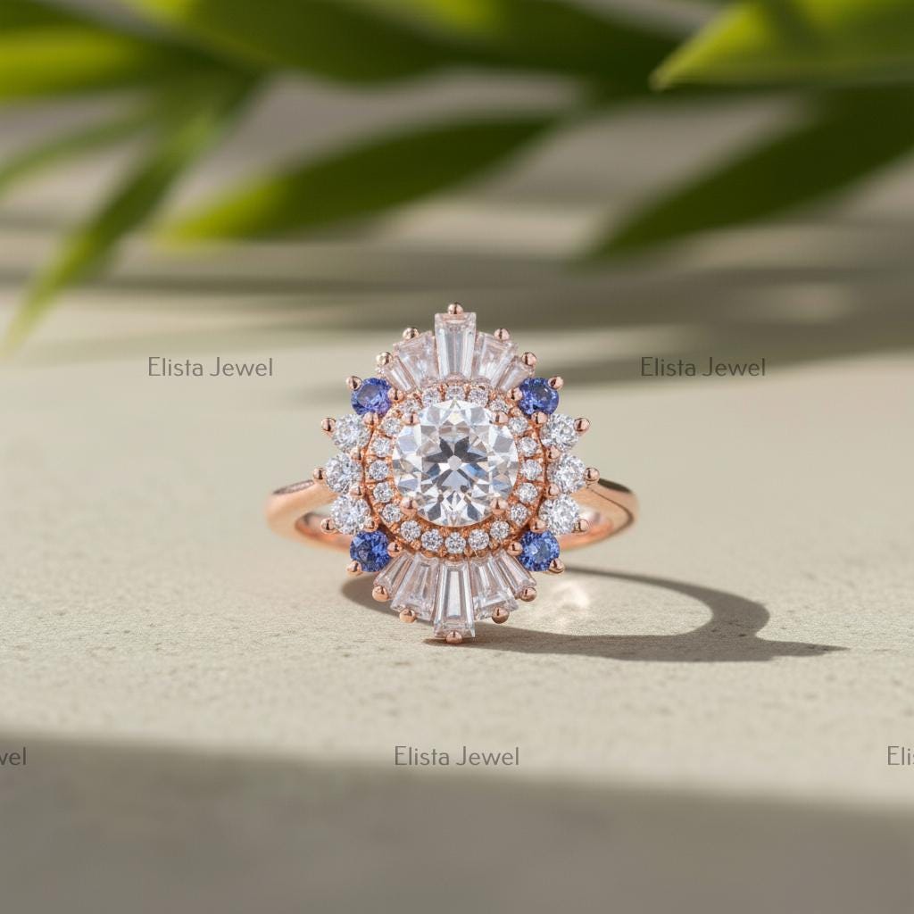 Round Cut Lab-Grown Diamond Sunburst Cocktail Ring in 14K Solid Rose Gold with Sapphires