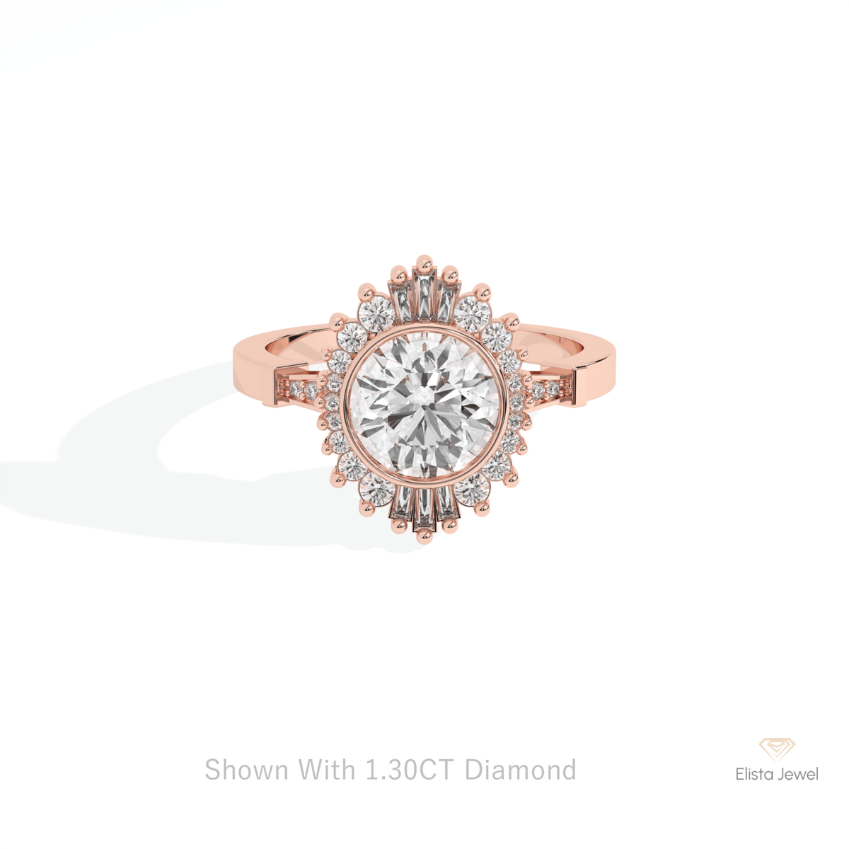 Round Cut Starburst Engagement Lab Grown Diamond Ring in 18K Rose Gold - Ring on Hand View