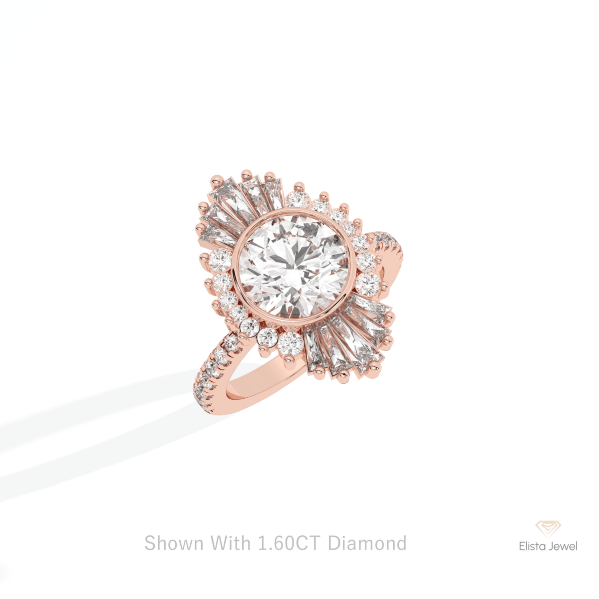 Round Cut Starburst Engagement Lab Grown Diamond Ring in 14K Rose Gold - Profile View