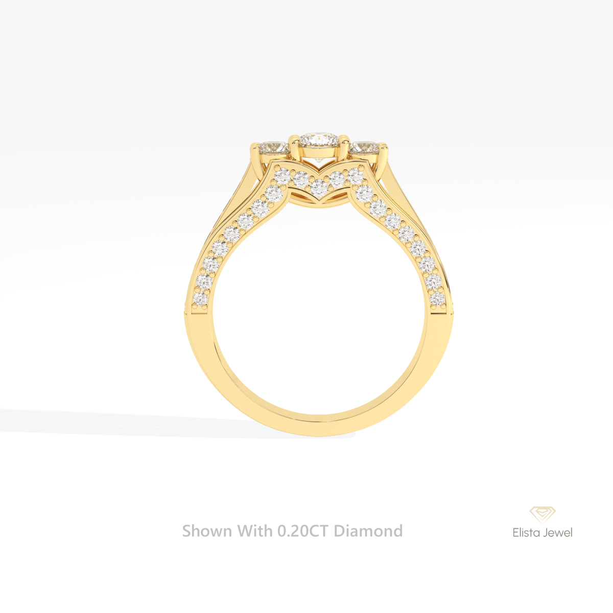 Round Cut Three Stone Accent Engagement Lab Grown Diamond Ring in 10K Rose Gold - Angled View