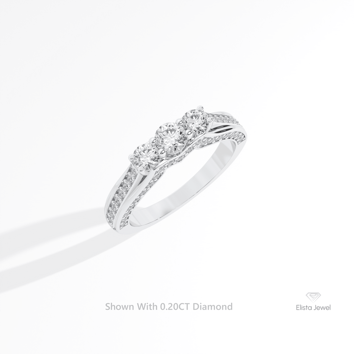 Round Cut Three Stone Accent Engagement Lab Grown Diamond Ring in 14K Rose Gold - Profile View
