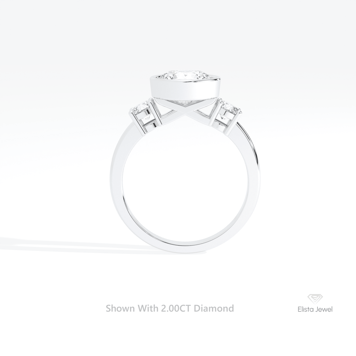Round Cut Three Stone Bezel Lab Grown Diamond Ring in 10K Rose Gold - Angled View