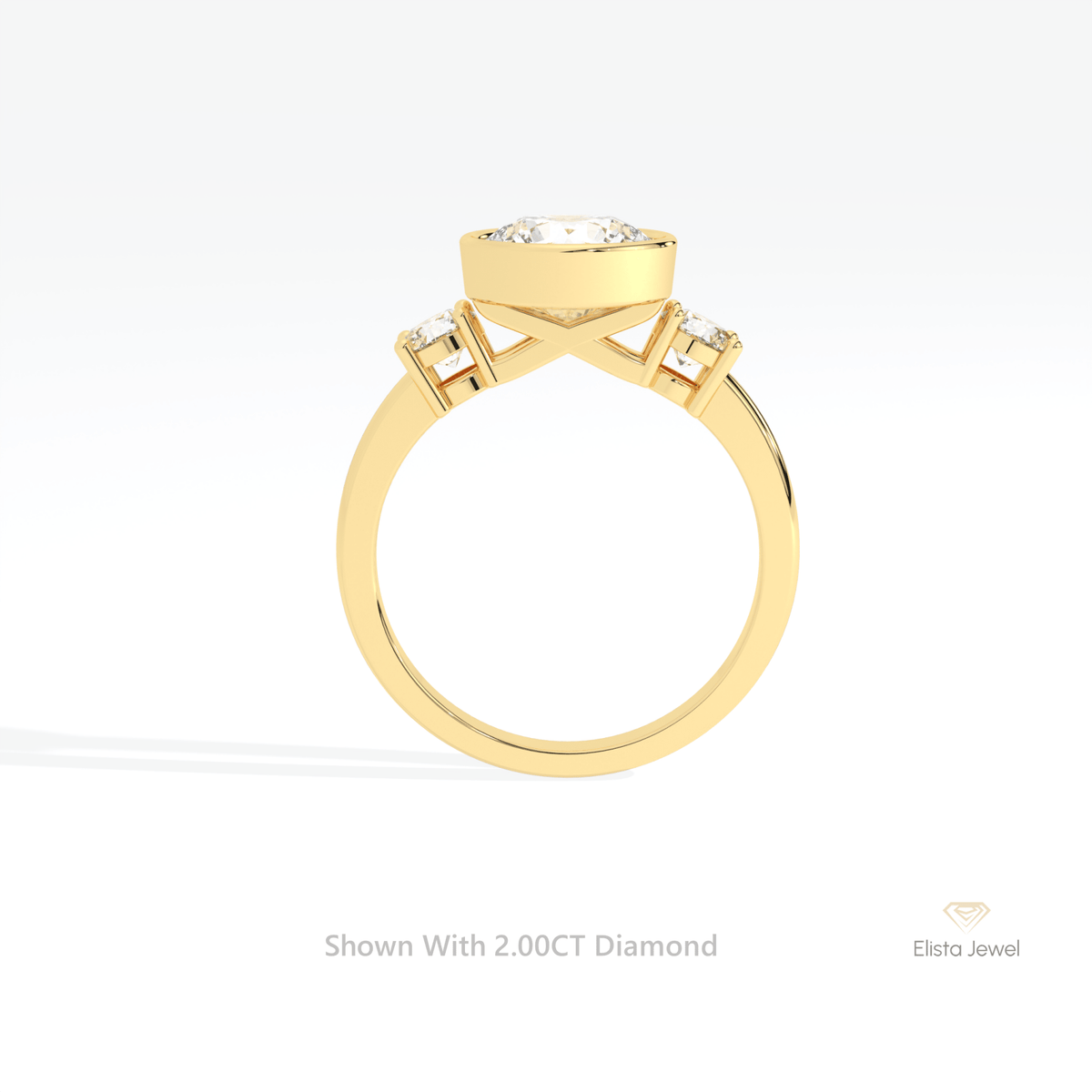 Round Cut Three Stone Bezel Lab Grown Diamond Ring in 18K White Gold - Close-up View