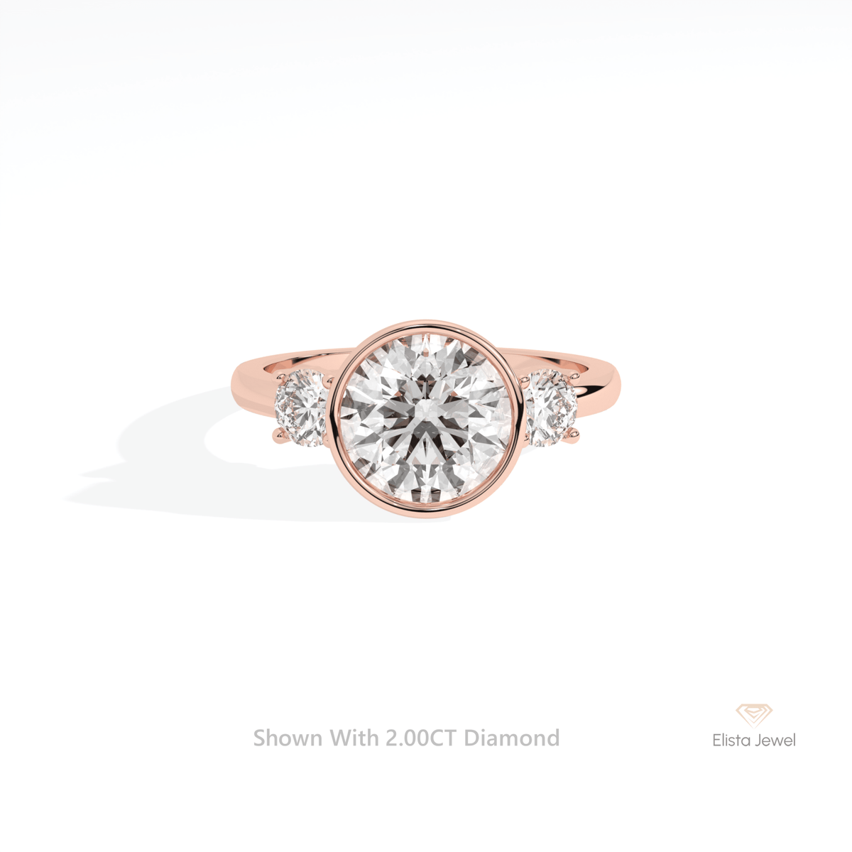 Round Cut Three Stone Bezel Lab Grown Diamond Ring in 18K Rose Gold - Ring on Hand View