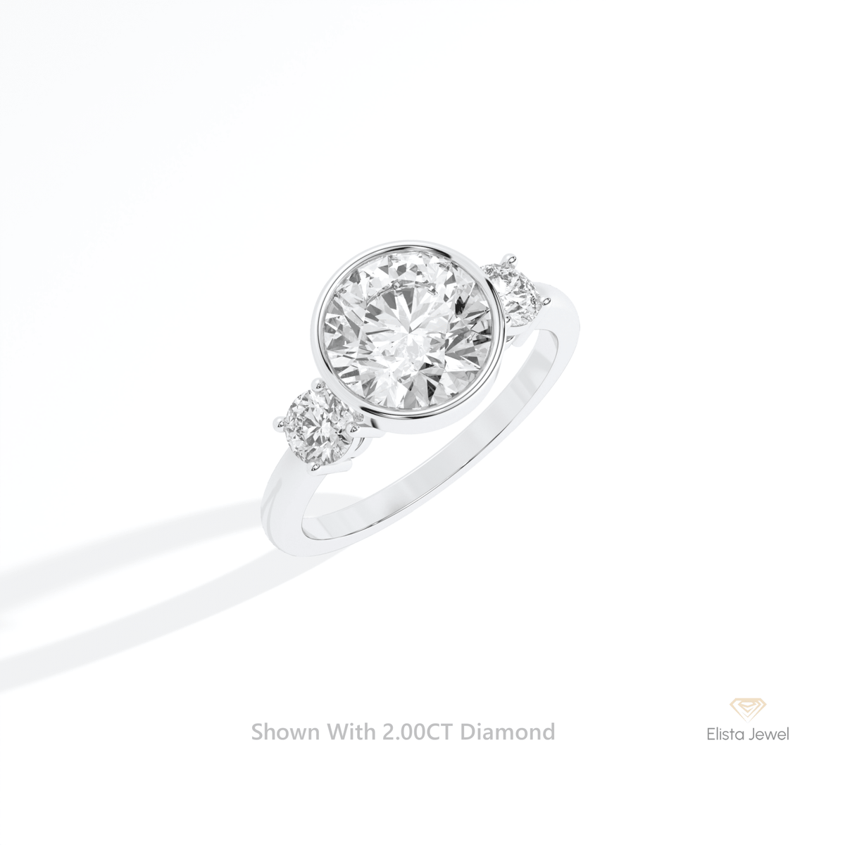 Round Cut Three Stone Bezel Lab Grown Diamond Ring in 10K Yellow Gold - Side View