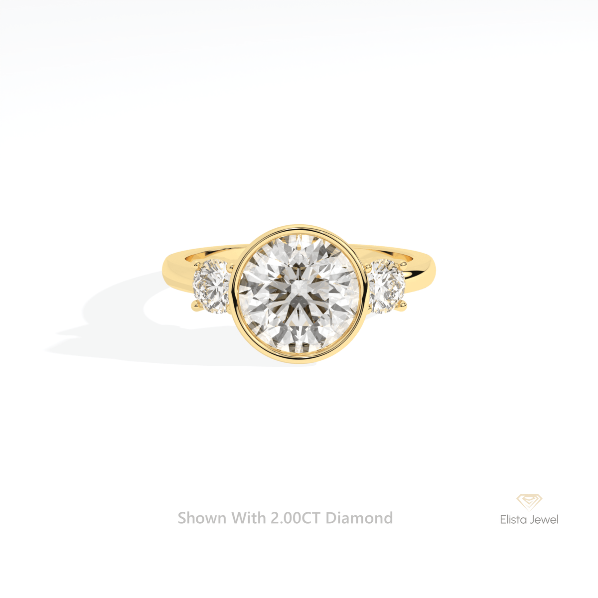 Round Cut Three Stone Bezel Lab Grown Diamond Ring in 14K Yellow Gold - Detail View