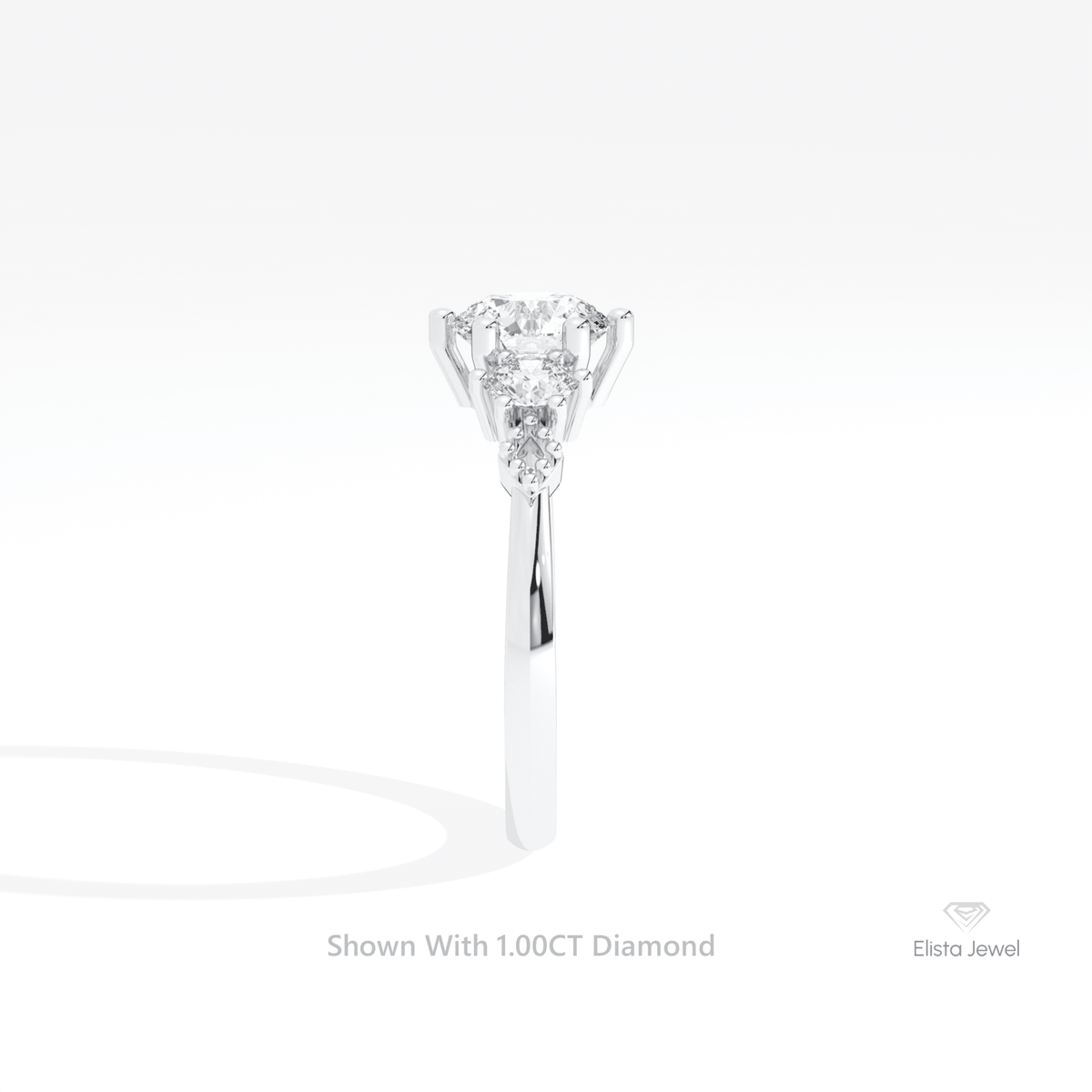 Round Cut Three Stone Engagement Lab Grown Diamond Ring in 18K Yellow Gold - Perspective View