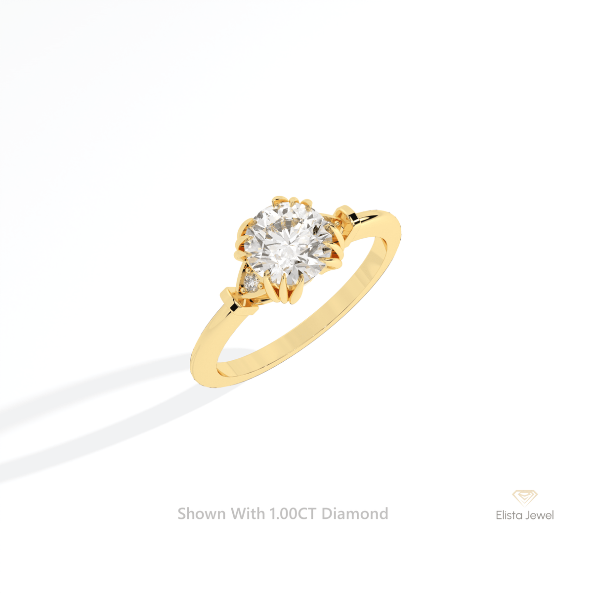 Round Cut Three Stone Engagement Lab Grown Diamond Ring in 10K Yellow Gold - Side View
