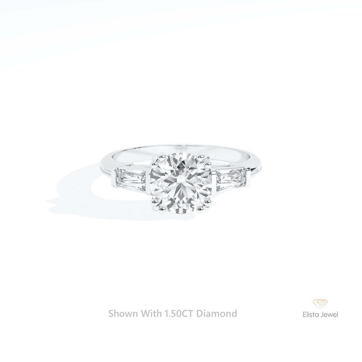 Round Cut Three Stone Engagement Lab Grown Diamond Ring in 10K White Gold - Front View