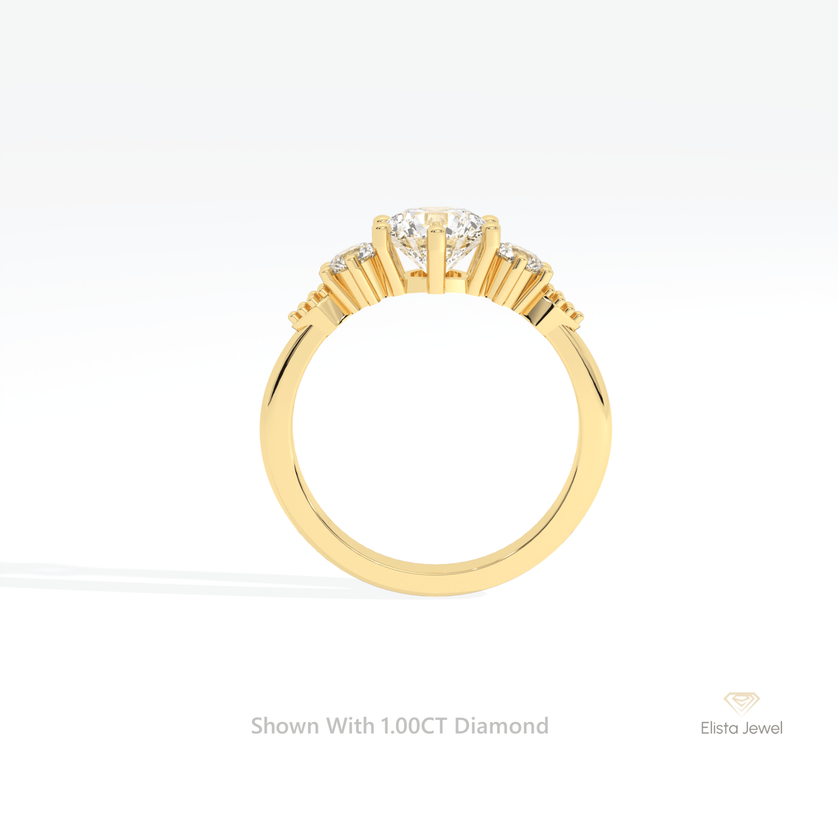 Round Cut Three Stone Engagement Lab Grown Diamond Ring in 10K Rose Gold - Angled View