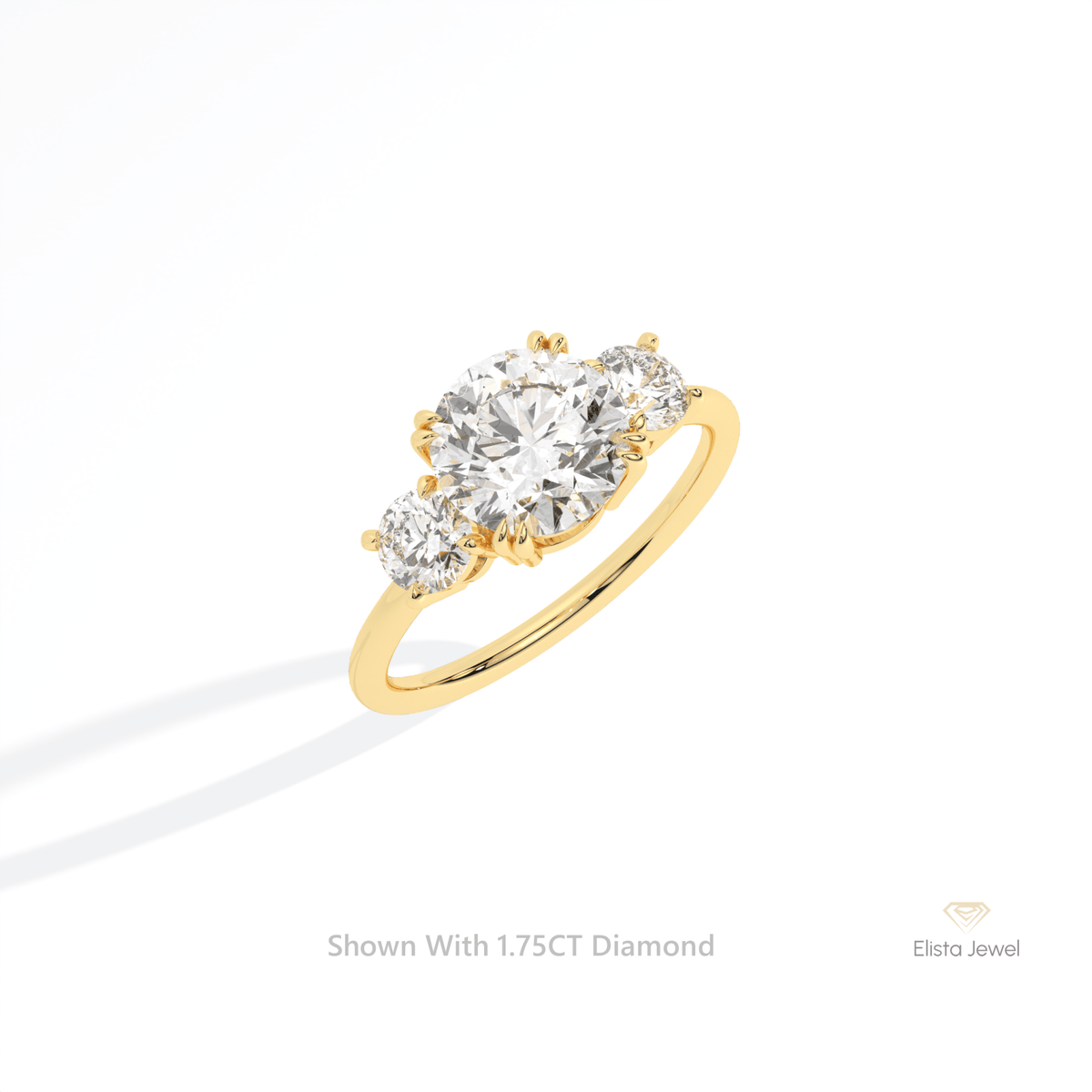 Round Cut Three Stone Engagement Lab Grown Diamond Ring in 10K Yellow Gold - Side View