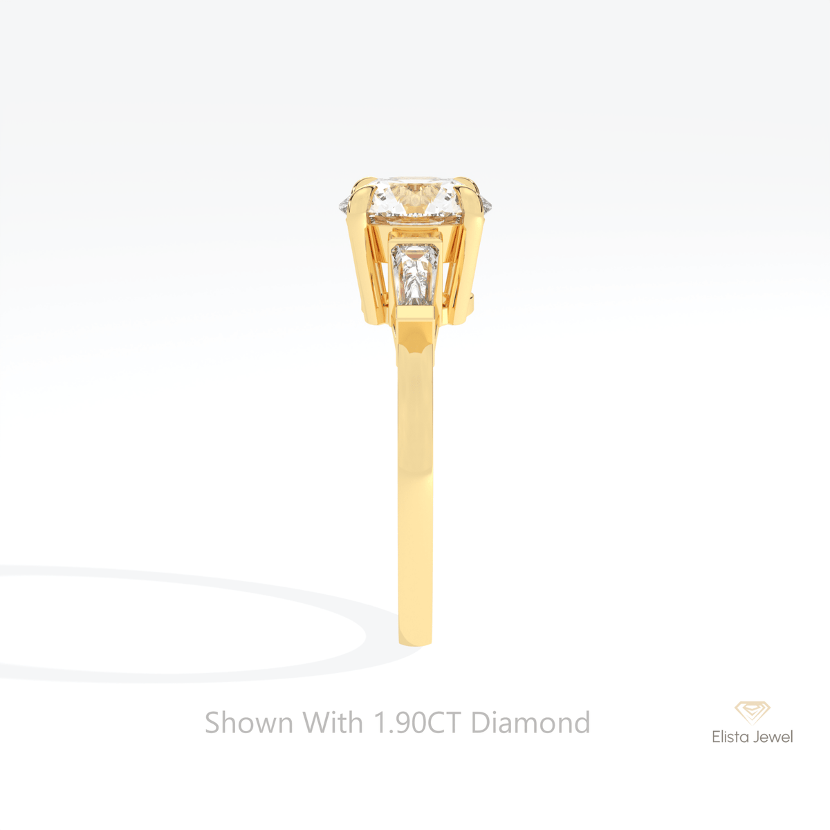 Round Cut Three Stone Engagement Lab Grown Diamond Ring in 18K Yellow Gold - Perspective View