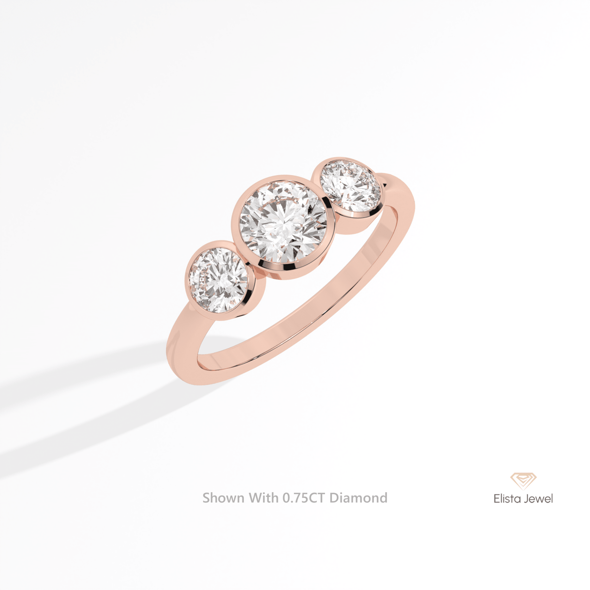 Round Cut Three Stone Engagement Lab Grown Diamond Ring in 14K Rose Gold - Profile View