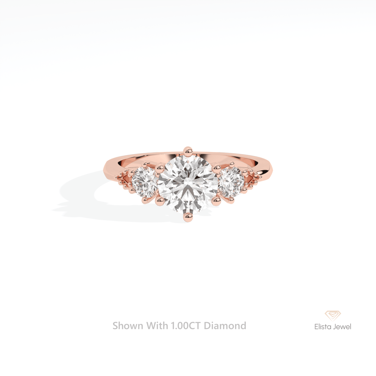 Round Cut Three Stone Engagement Lab Grown Diamond Ring in 18K Rose Gold - Ring on Hand View