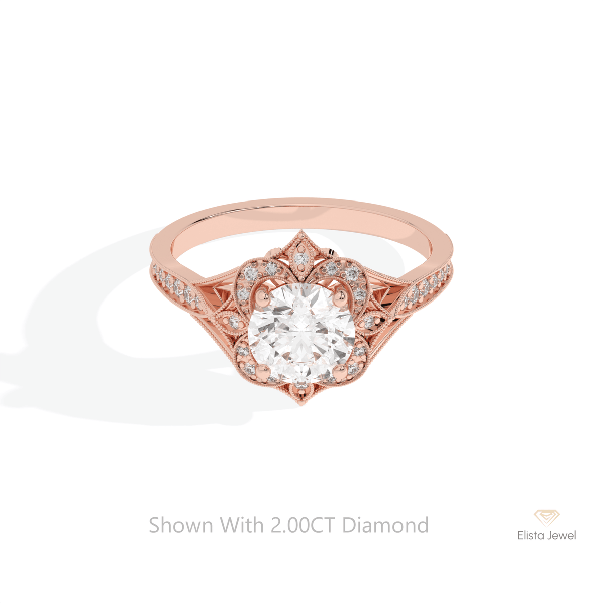 Round Cut Vintage Engagement Lab Grown Diamond Ring in 18K Rose Gold - Ring on Hand View