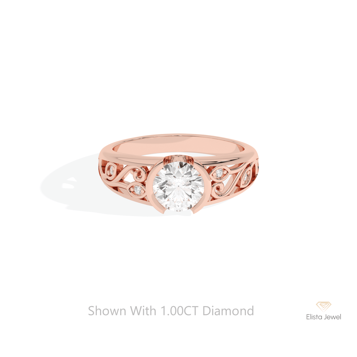 Round Cut Vintage Engagement Lab Grown Diamond Ring in 18K Rose Gold - Ring on Hand View