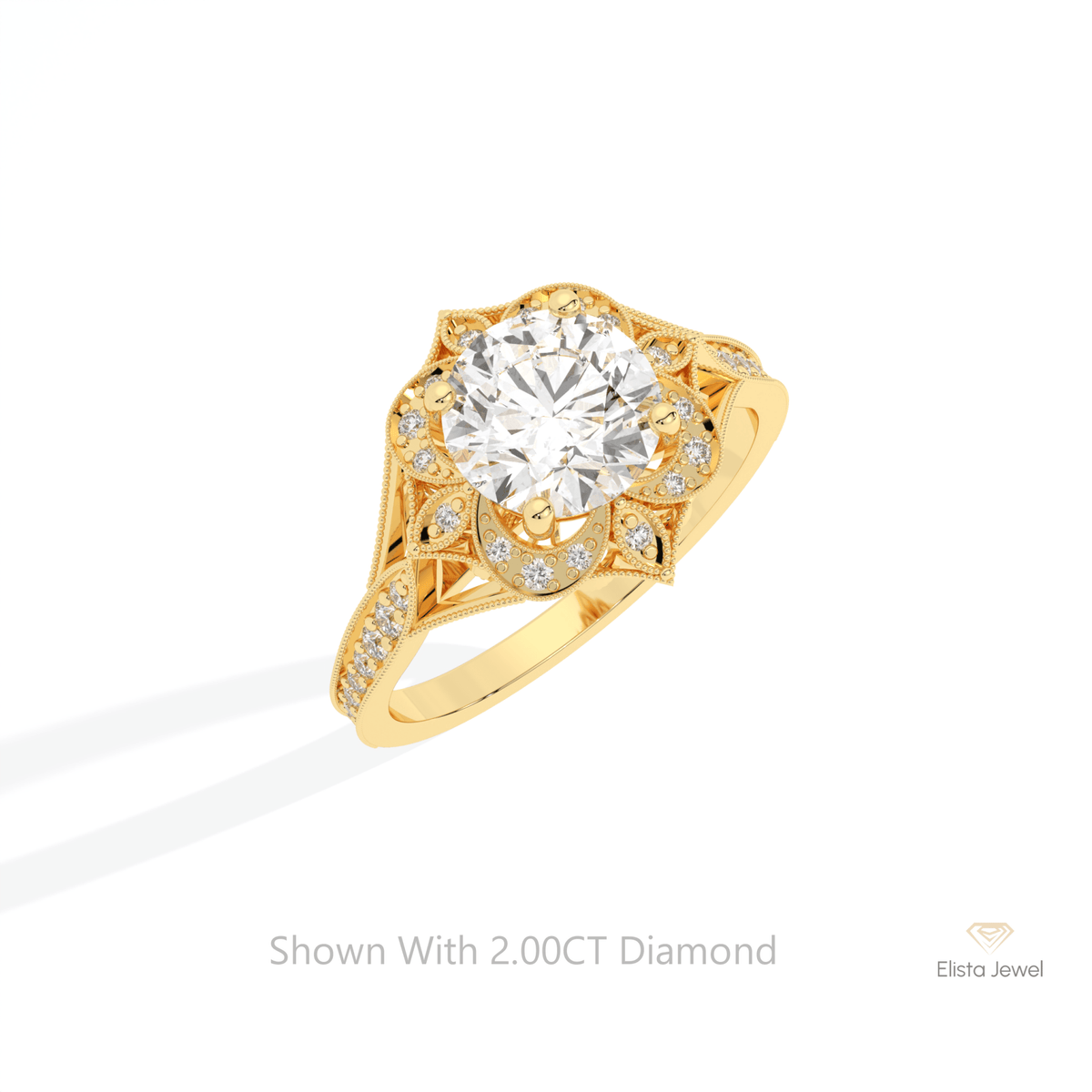 Round Cut Vintage Engagement Lab Grown Diamond Ring in 10K Yellow Gold - Side View