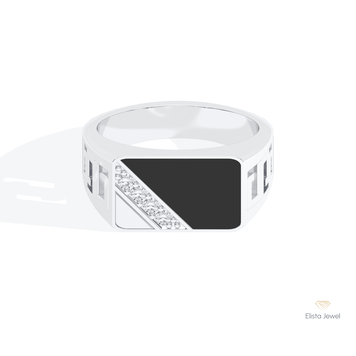 Round Cut With Black Onyx Men's Lab Grown Diamond Ring in 14K Yellow Gold - Detail View