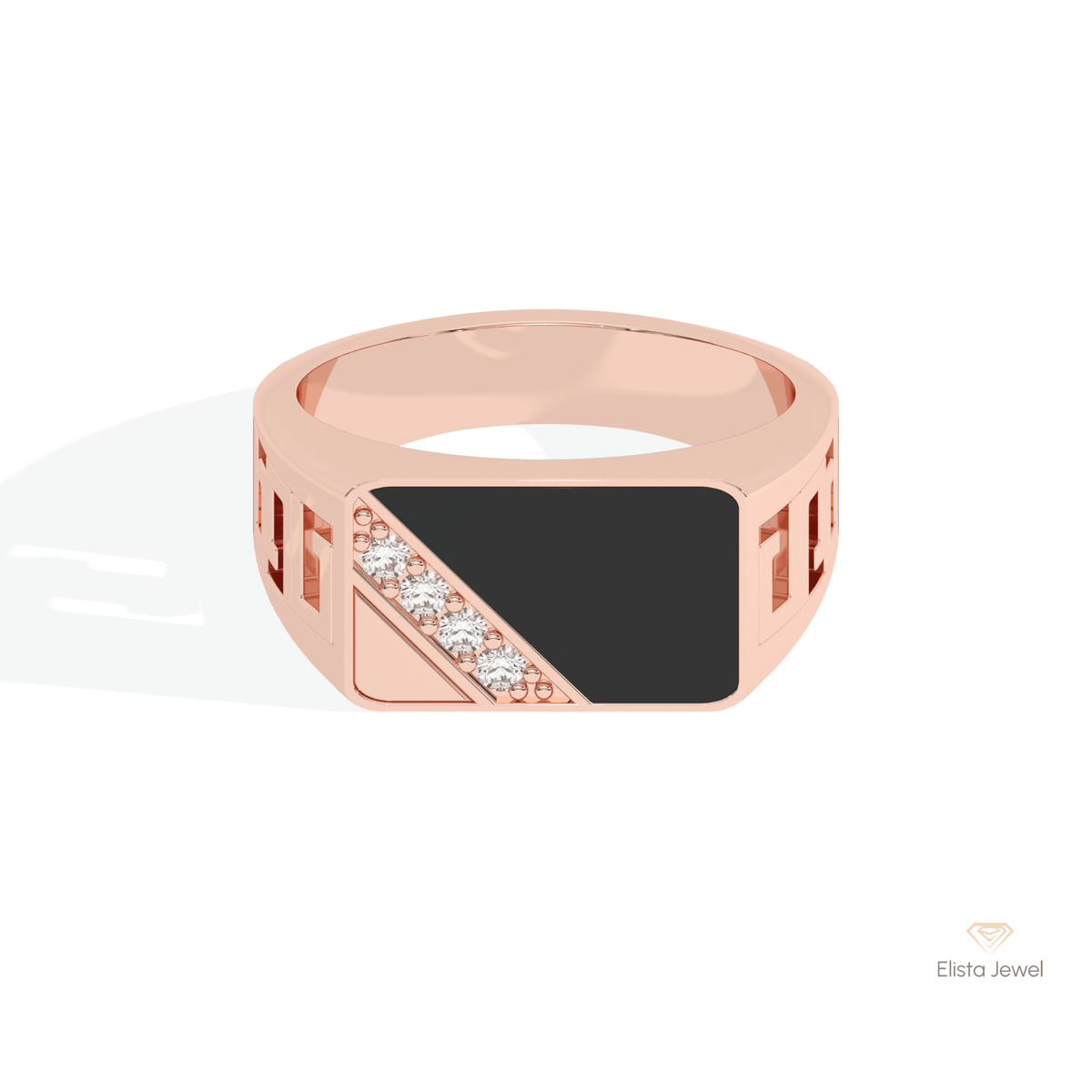 Round Cut With Black Onyx Men's Lab Grown Diamond Ring in 18K Rose Gold - Ring on Hand View