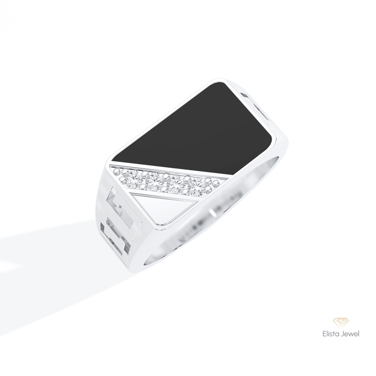 Round Cut With Black Onyx Men's Lab Grown Diamond Ring in 14K Rose Gold - Profile View