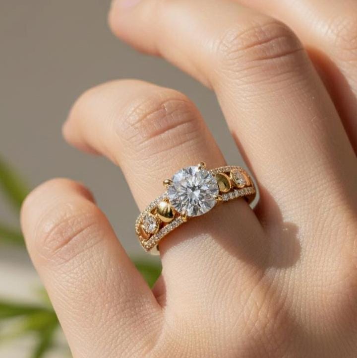 Round Diamond Ring Lab-Grown Engagement 18K Yellow Gold Wide Pave Band