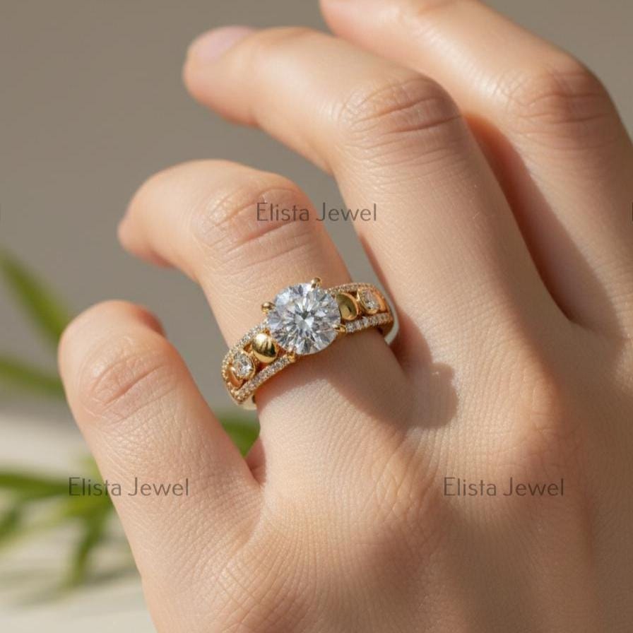 Round Diamond Ring Lab-Grown Engagement 18K Yellow Gold Wide Pave Band