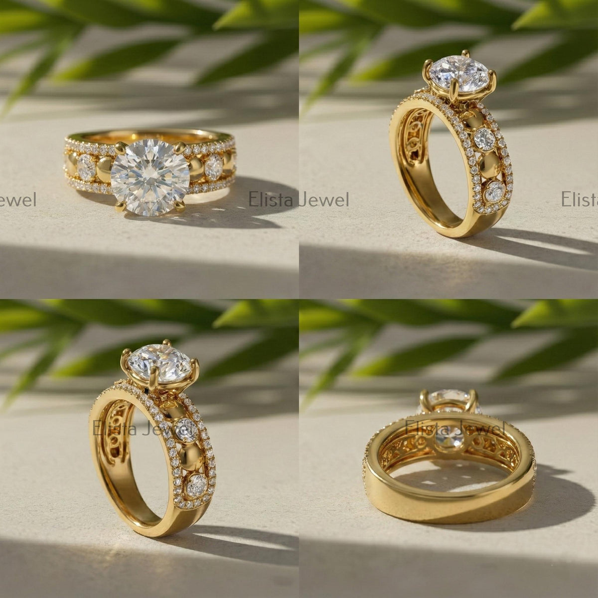 Round Diamond Ring Lab-Grown Engagement 18K Yellow Gold Wide Pave Band