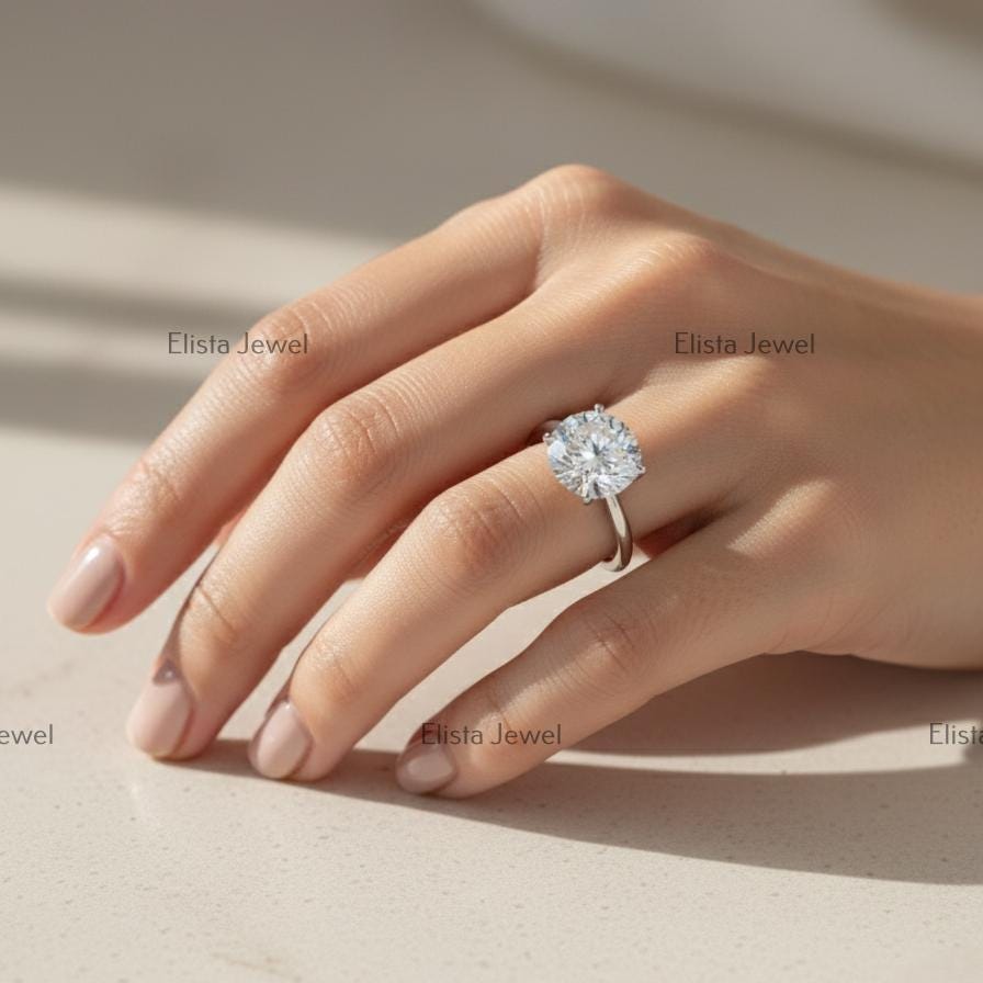 Round Lab-Grown Diamond Engagement Ring, 14K White Gold, Six Prong