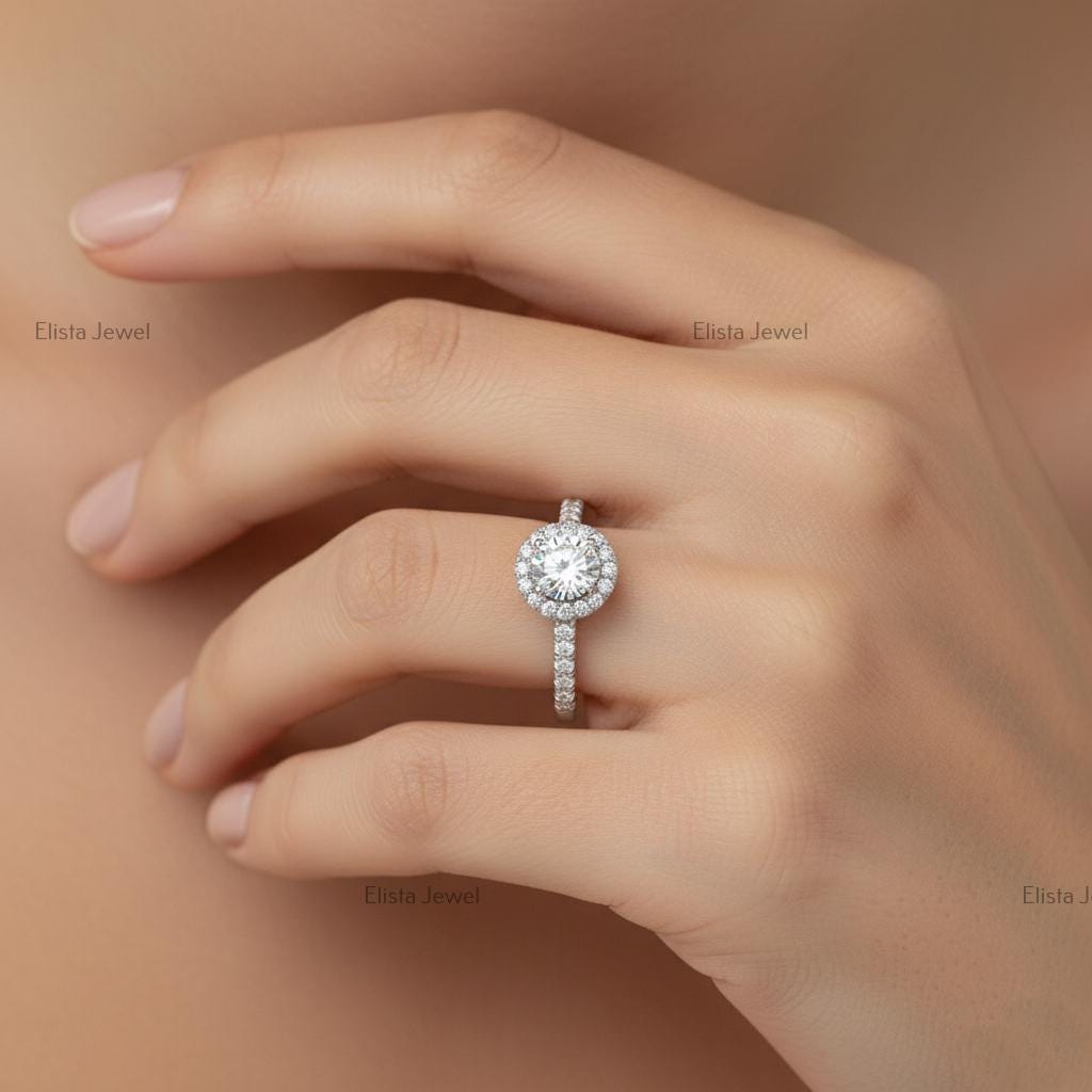 Round Lab-Grown Diamond Halo Engagement Ring In 18K Solid White Gold With Pave Band