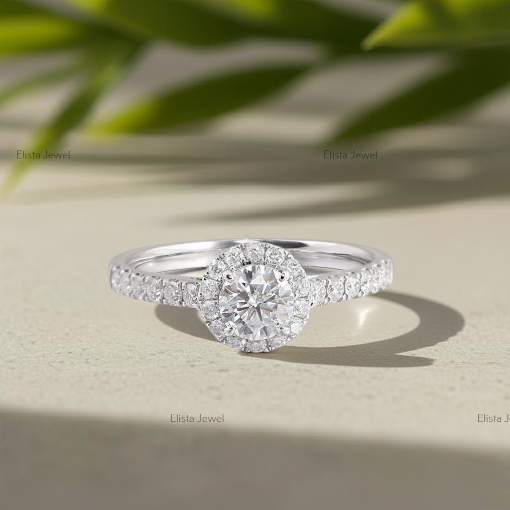 Round Lab-Grown Diamond Halo Engagement Ring In 18K Solid White Gold With Pave Band