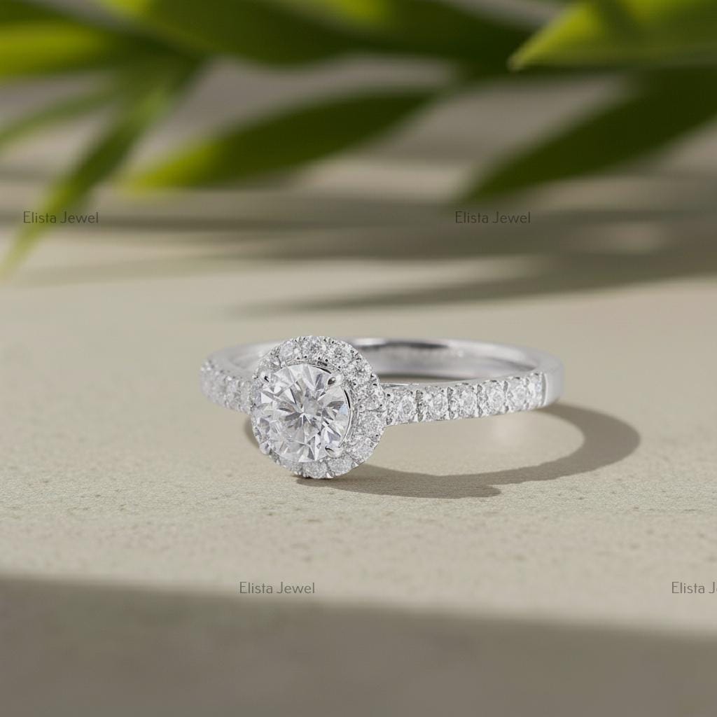 Round Lab-Grown Diamond Halo Engagement Ring In 18K Solid White Gold With Pave Band