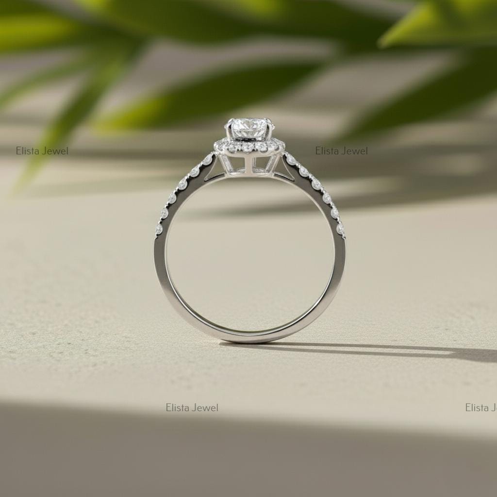 Round Lab-Grown Diamond Halo Engagement Ring In 18K Solid White Gold With Pave Band