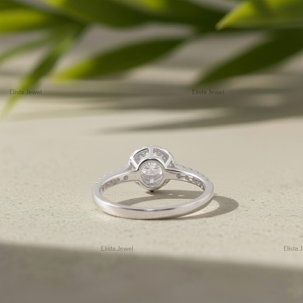 Round Lab-Grown Diamond Halo Engagement Ring In 18K Solid White Gold With Pave Band