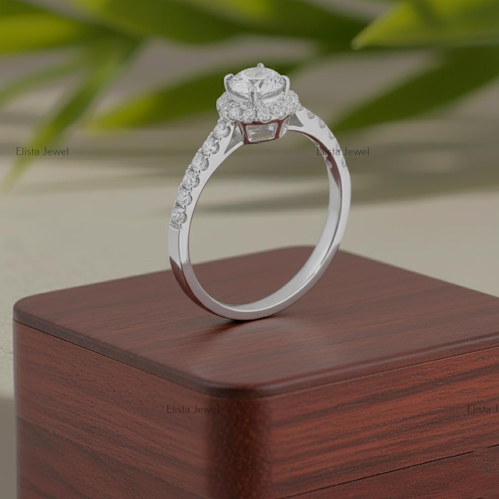 Round Lab-Grown Diamond Halo Engagement Ring In 18K Solid White Gold With Pave Band