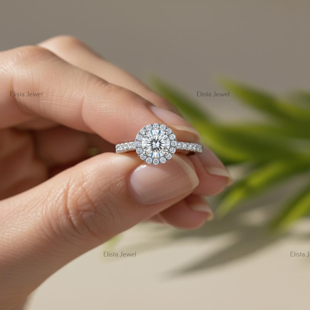 Round Lab-Grown Diamond Halo Engagement Ring In 18K Solid White Gold With Pave Band