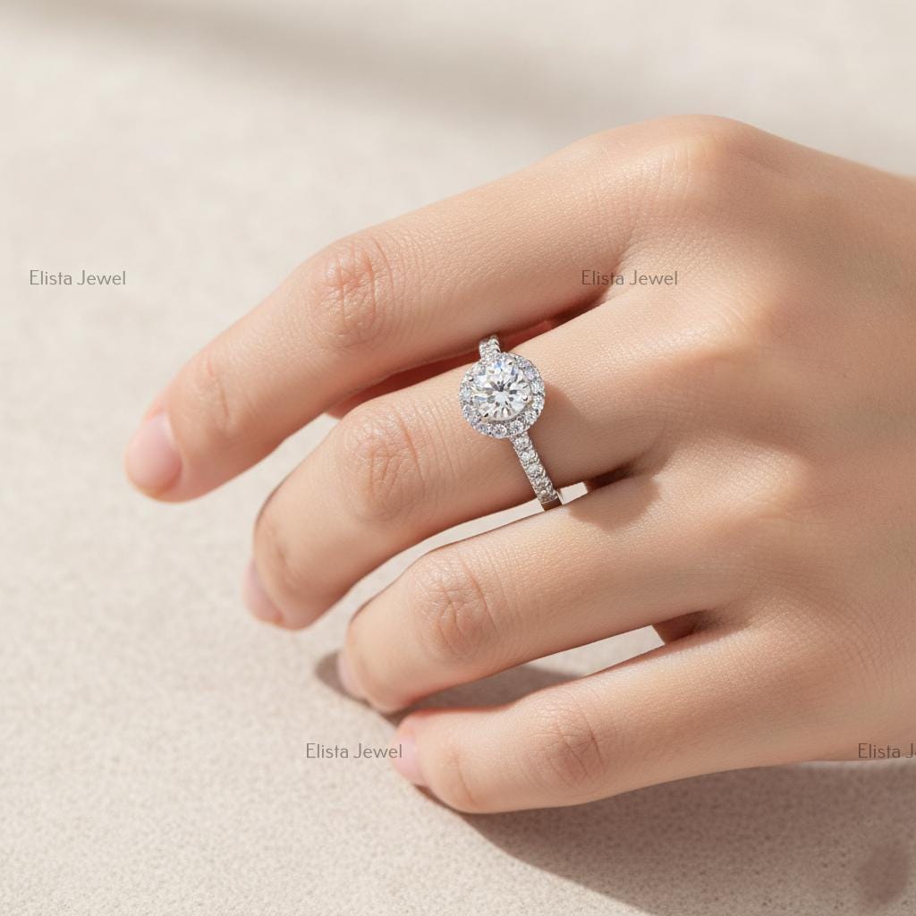 Round Lab-Grown Diamond Halo Engagement Ring In 18K Solid White Gold With Pave Band