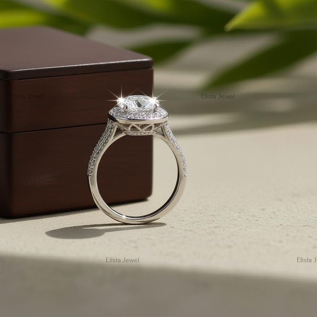 Round Lab-Grown Diamond Halo Engagement Ring, Platinum Pavé Band