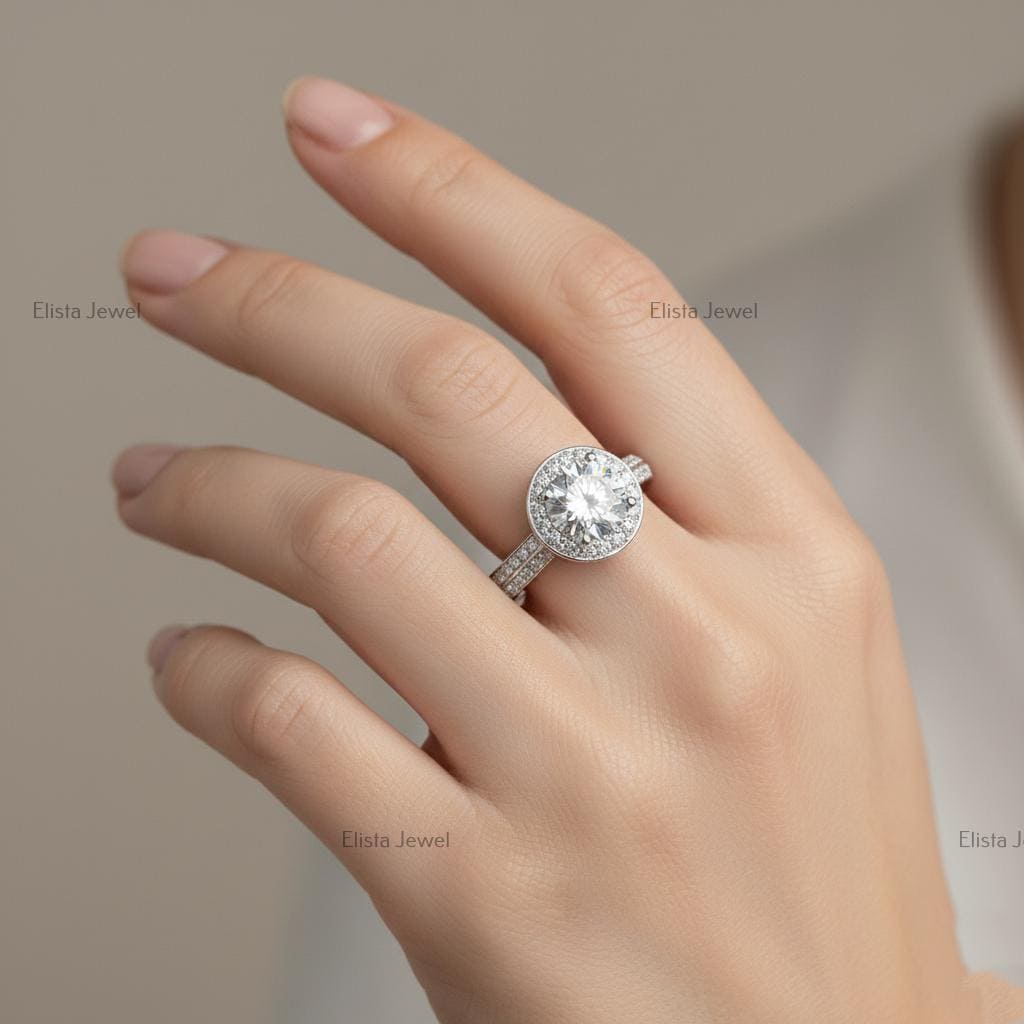 Round Lab-Grown Diamond Halo Engagement Ring, Platinum Pavé Band