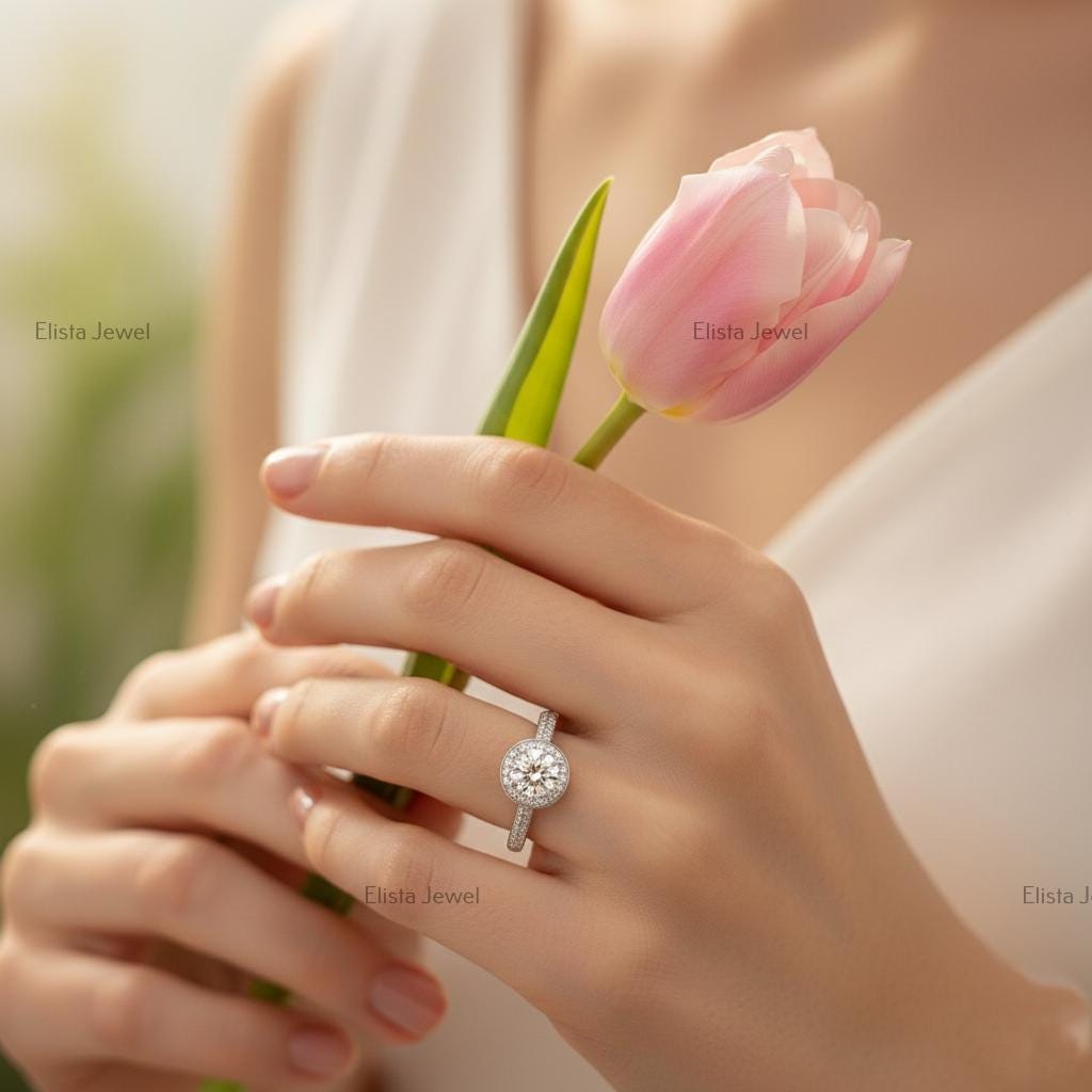Round Lab-Grown Diamond Halo Engagement Ring, Platinum Pavé Band