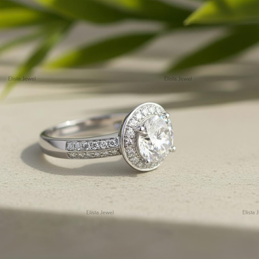 Round Lab-Grown Diamond Halo Engagement Ring, Platinum Pavé Band