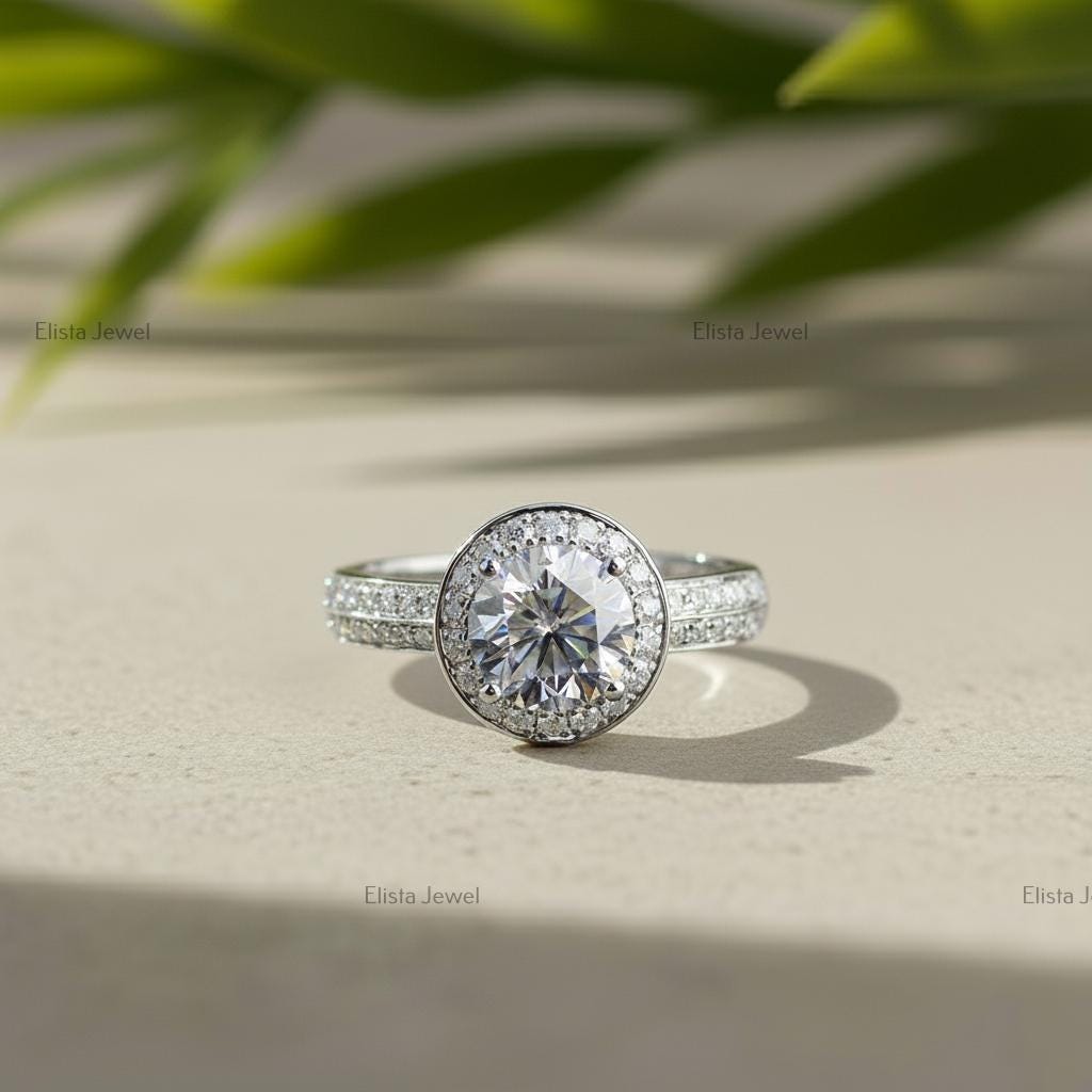 Round Lab-Grown Diamond Halo Engagement Ring, Platinum Pavé Band